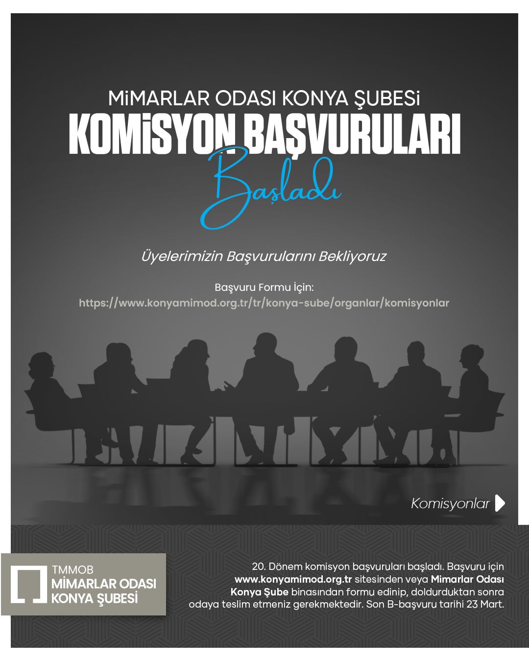 Mimarlar Odası Konya Şubesi 20. Dönem Komisyon başvuruları başladı.